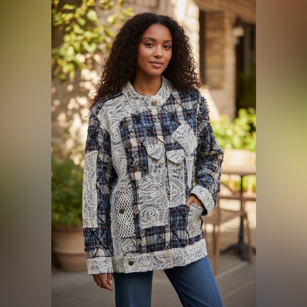 Pol Boho Plaid Patchwork Lace Shacket Jacket Over… - image 8